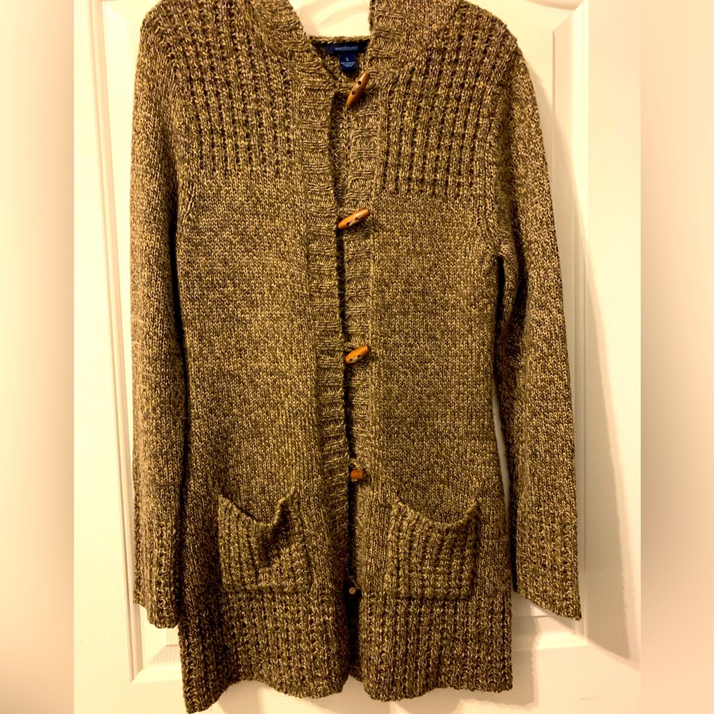 Westbound Hooded Sweater Knit Brown Toggle Wood Buttons Pockets Sz S